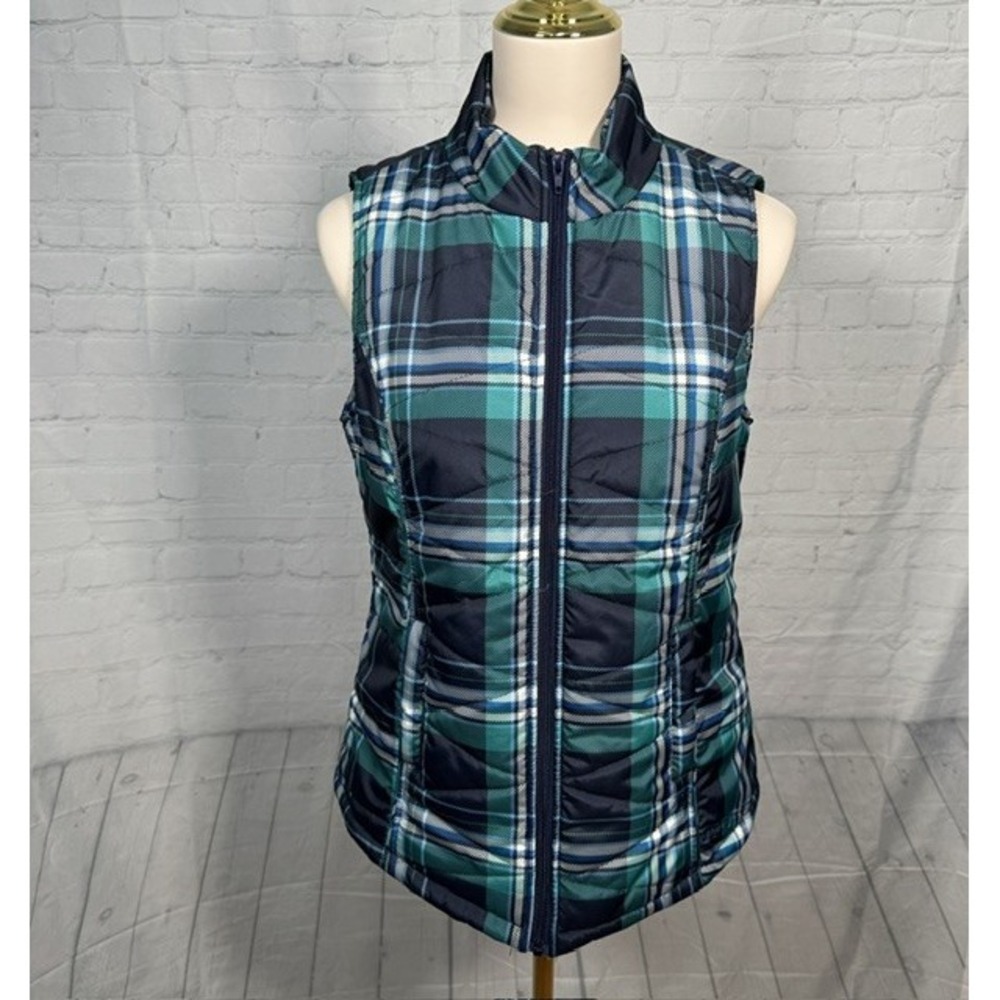 Red Camel Plaid Puffer Vest Navy Teal Blue Women's Medium Full Zip‎ EUC